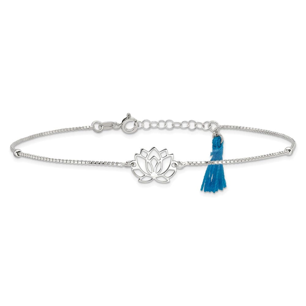 Sterling Silver Lotus with Blue Fabric Tassel Anklet