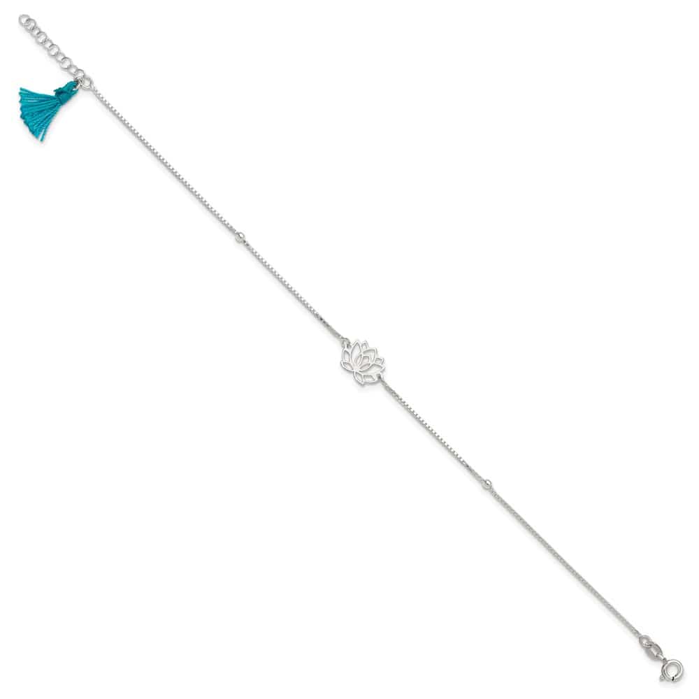 Sterling Silver Lotus with Blue Fabric Tassel Anklet