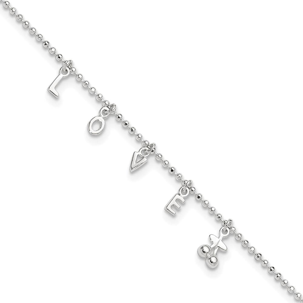Sterling Silver Love Letters Anklet — .925 sterling silver, 11 inches long, 1 inch extension, 1.5 mm wide, spring ring clasp, 2.51 g