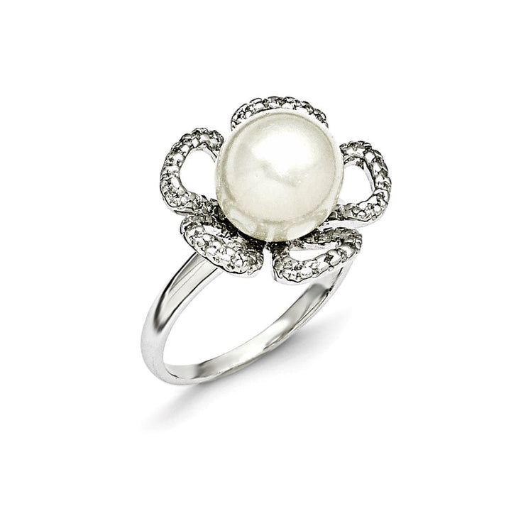 Sterling Silver Majestik 10-11 mm White Shell Pearl and CZ Ring Size 8