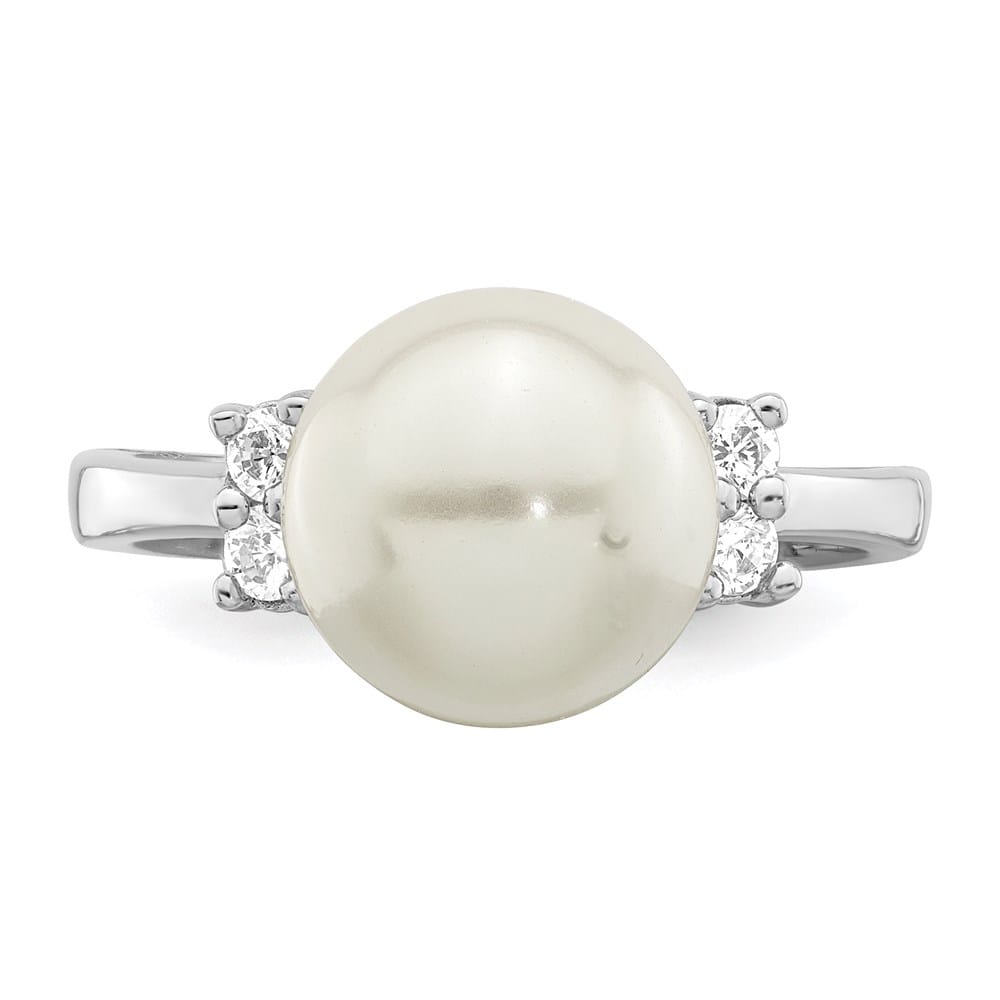 Sterling Silver Majestik 10-11 mm White Shell Pearl CZ 4-Stone Ring