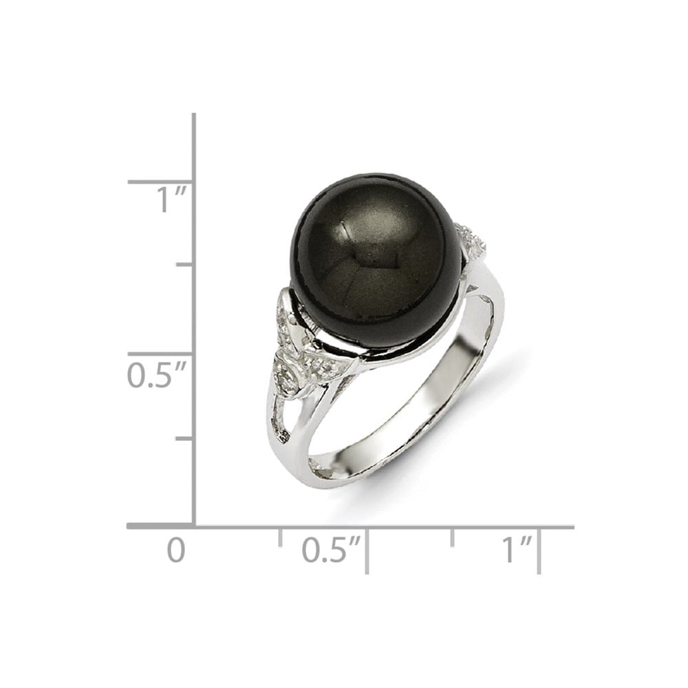 Sterling Silver Majestik 12-13 mm Black Shell Pearl and CZ Ring Size 6