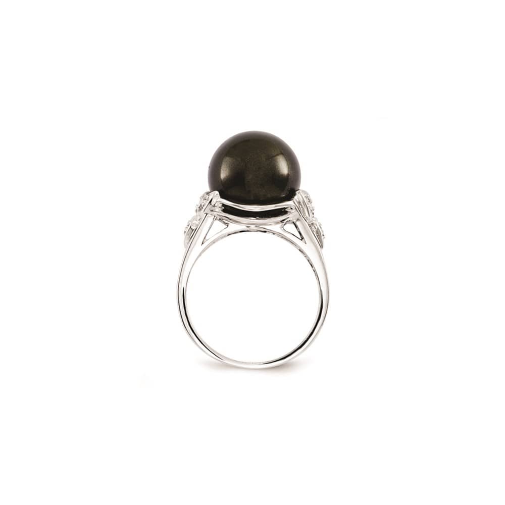 Sterling Silver Majestik 12-13 mm Black Shell Pearl and CZ Ring Size 6