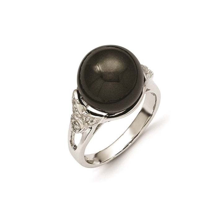 Sterling Silver Majestik 12-13 mm Black Shell Pearl and CZ Ring Size 6