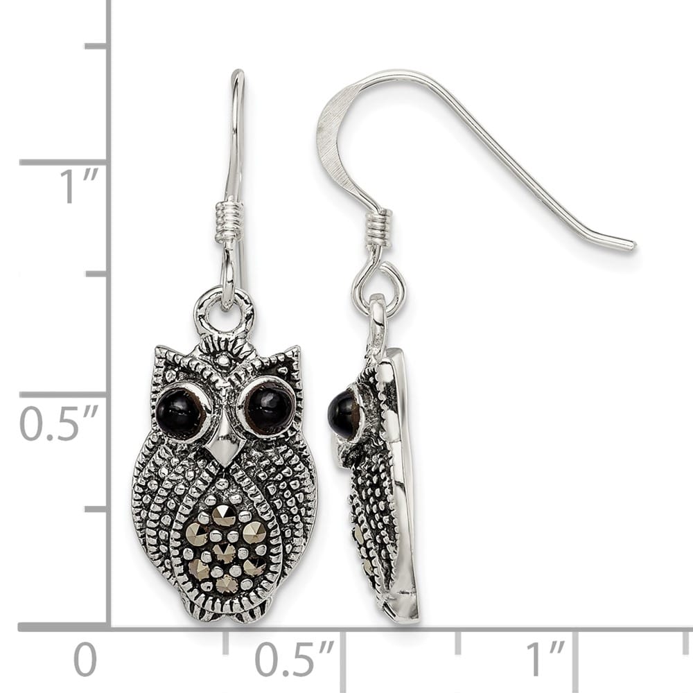 Sterling Silver Marcasite/Blk Agate Owl Shepherd Hook Earrings, view 4 of 4