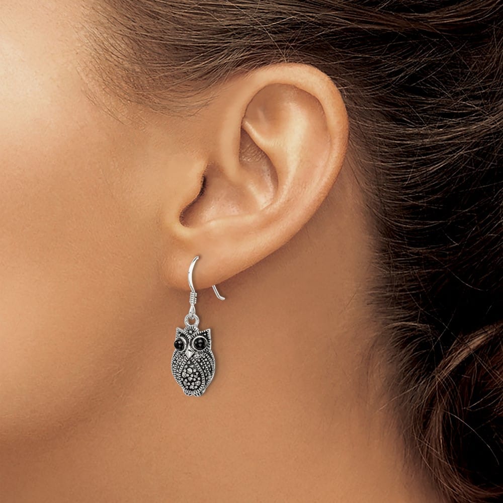 Sterling Silver Marcasite/Blk Agate Owl Shepherd Hook Earrings, view 3 of 4