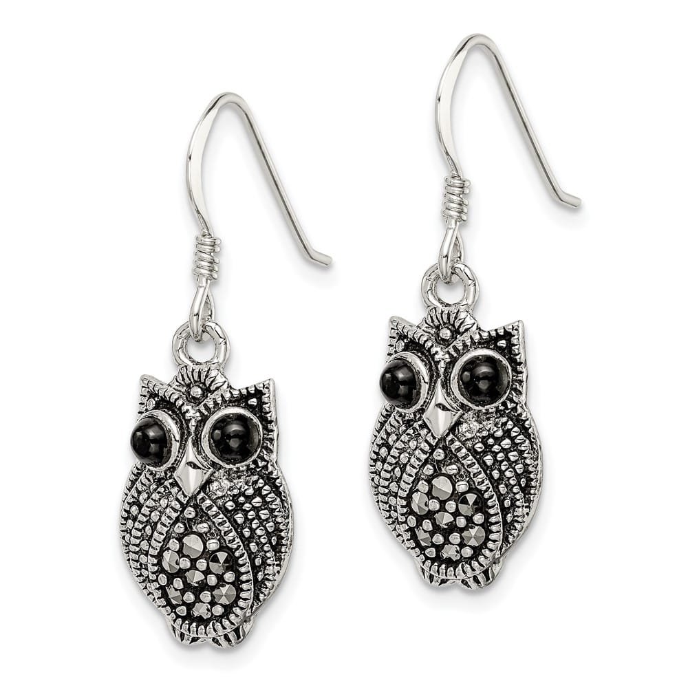 Sterling Silver Marcasite/Blk Agate Owl Shepherd Hook Earrings, view 2 of 4