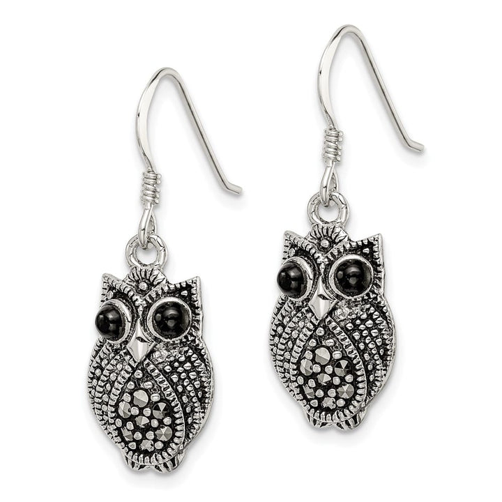 Sterling Silver Marcasite/Blk Agate Owl Shepherd Hook Earrings, view 2 of 4