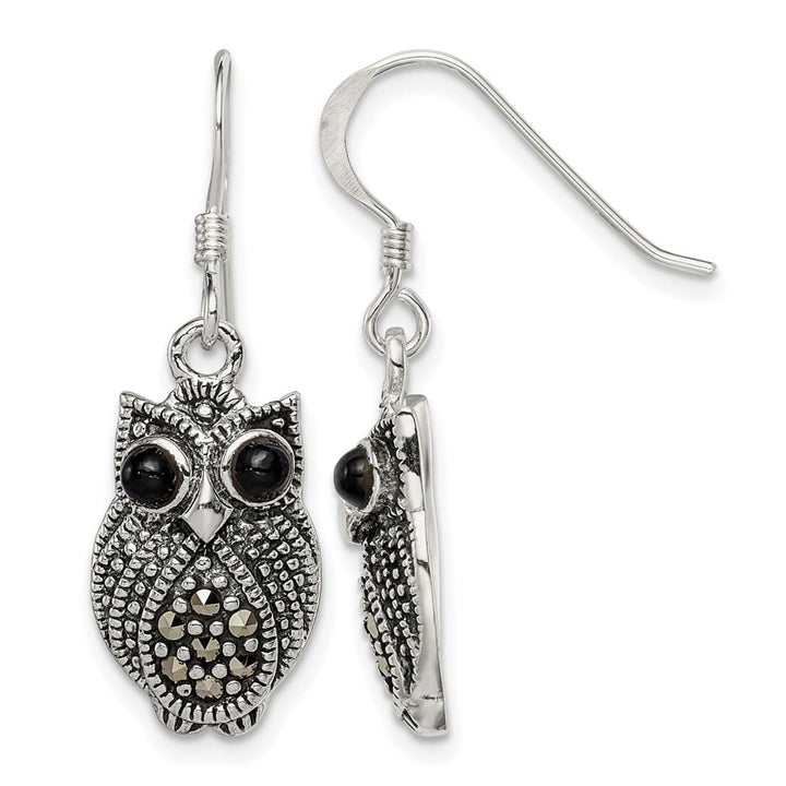 Sterling Silver Marcasite/Blk Agate Owl Shepherd Hook Earrings, view 1 of 4
