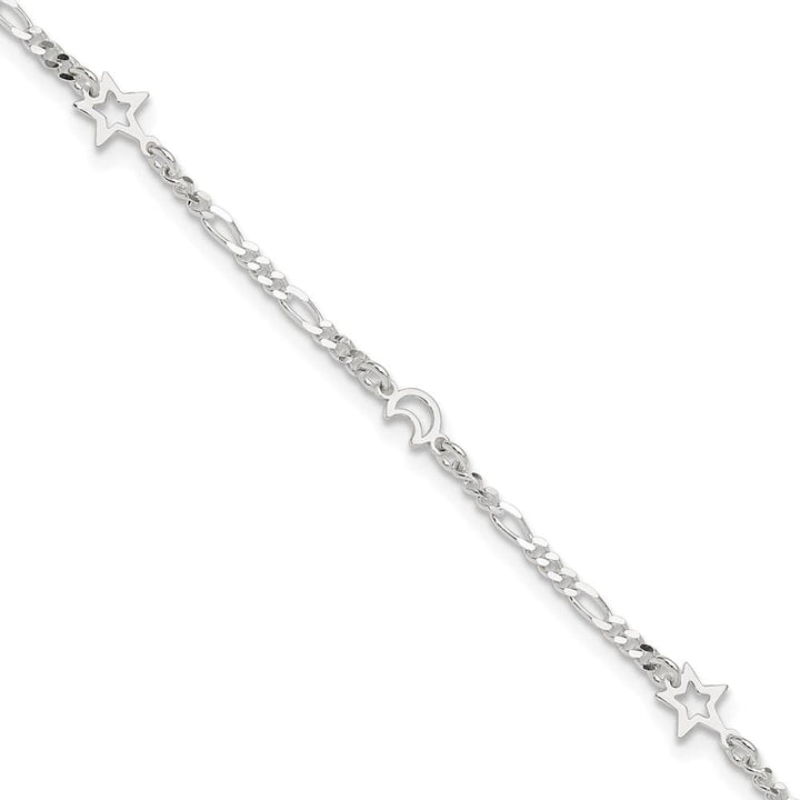 Sterling Silver Moon and Star Anklet — .925 sterling silver, 10 inches long, 1 inch extension, 2 mm wide, spring ring clasp, 2.70 g