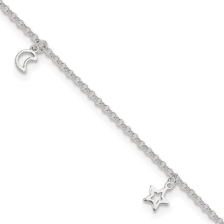 Sterling Silver Moon and Stars Anklet — .925 sterling silver, 10 inches long, 1 inch extension, 2 mm wide, lobster clasp, 2.14 g
