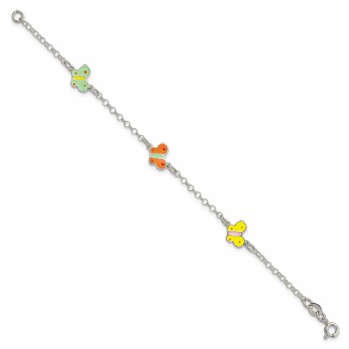 Sterling Silver Multi-color Enamel Butterflies 6 Inch Bracelet