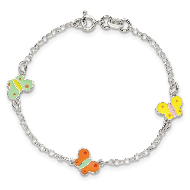 Sterling Silver Multi-color Enamel Butterflies 6 Inch Bracelet