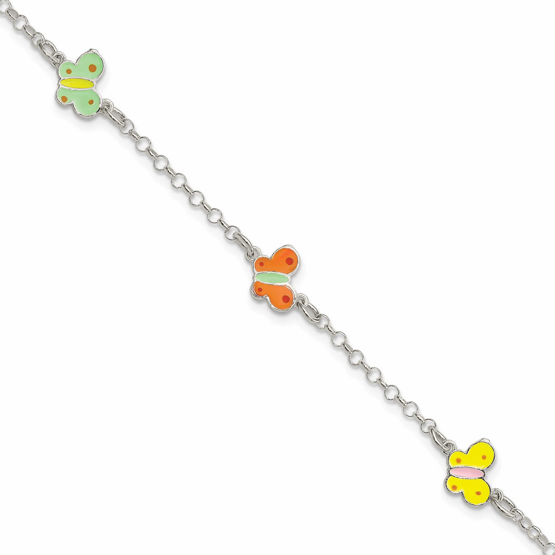 Sterling Silver Multi-color Enamel Butterflies 6 Inch Bracelet