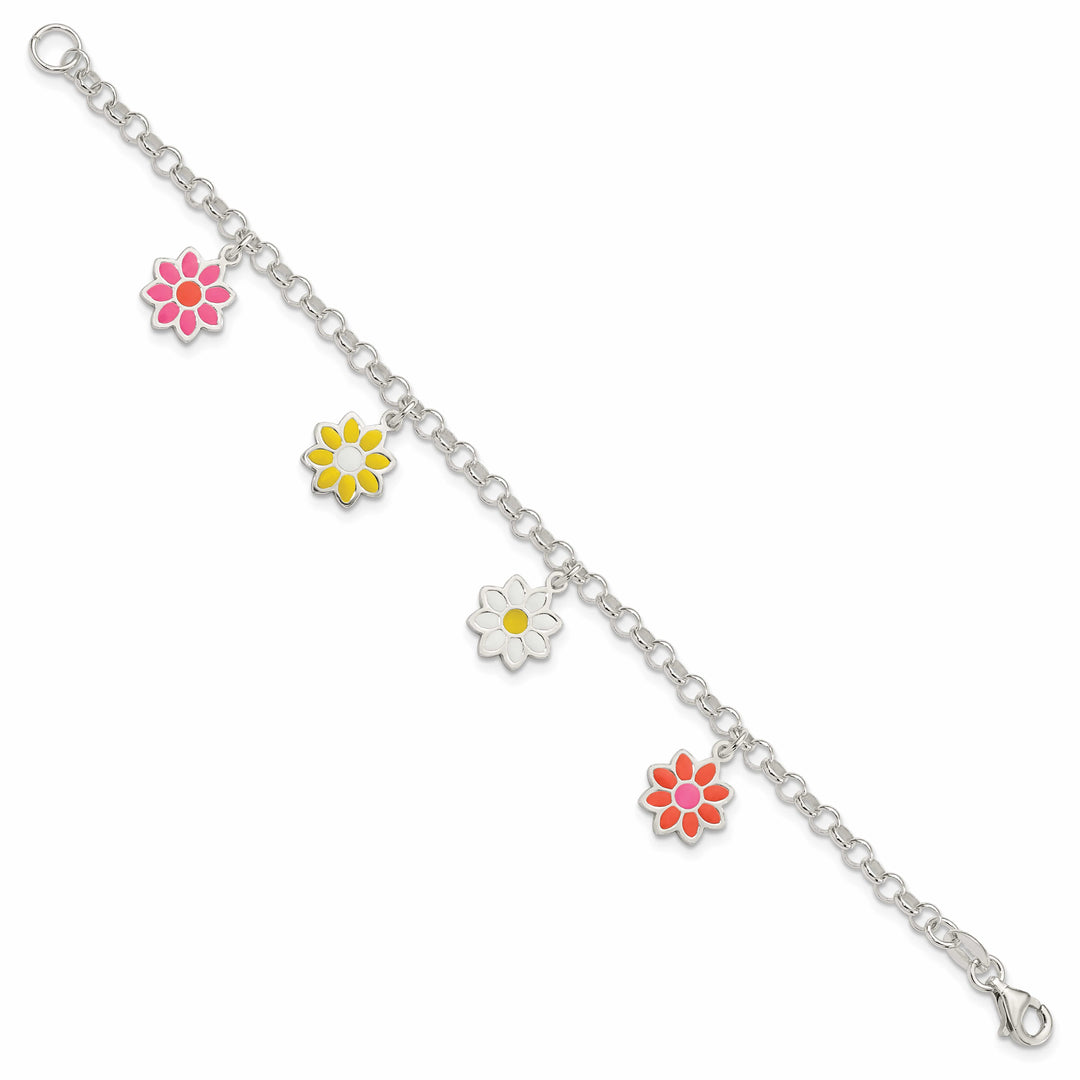 Sterling Silver Multi-color Enamel Dangle Flowers 6 Inch Bracelet