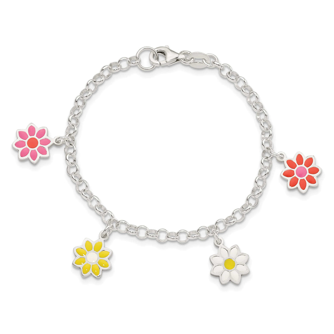 Sterling Silver Multi-color Enamel Dangle Flowers 6 Inch Bracelet