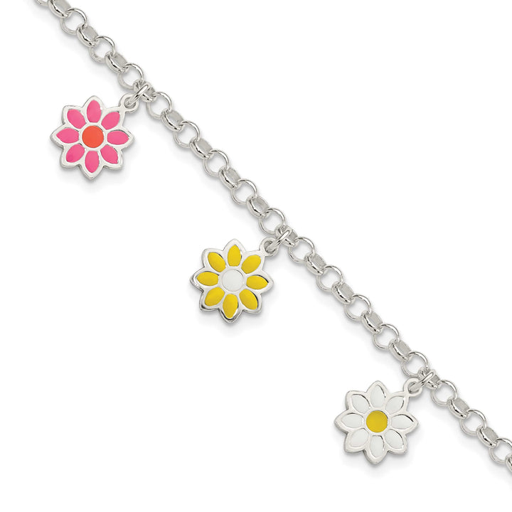 Sterling Silver Multi-color Enamel Dangle Flowers 6 Inch Bracelet