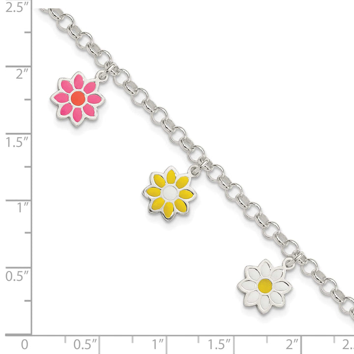 Sterling Silver Multi-color Enamel Dangle Flowers 6 Inch Bracelet