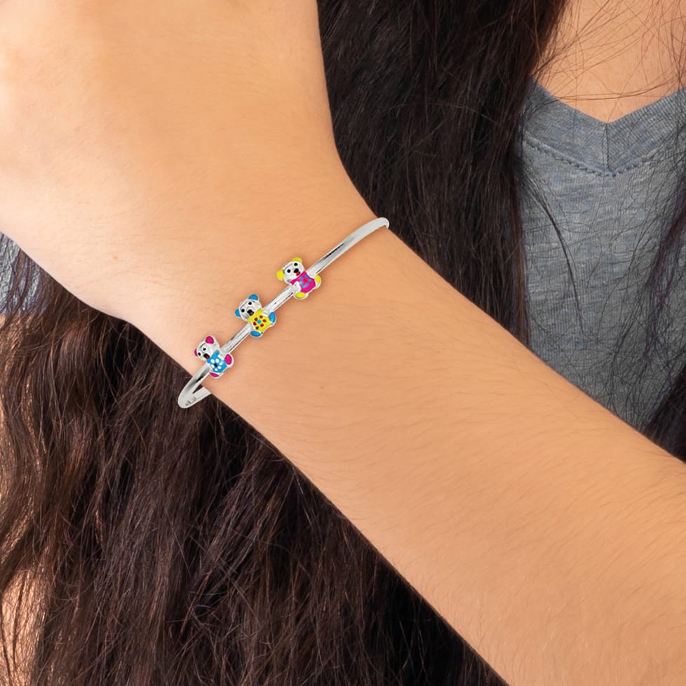 Sterling Silver Multi-color Enamel Teddy Bear Expandable Bangle