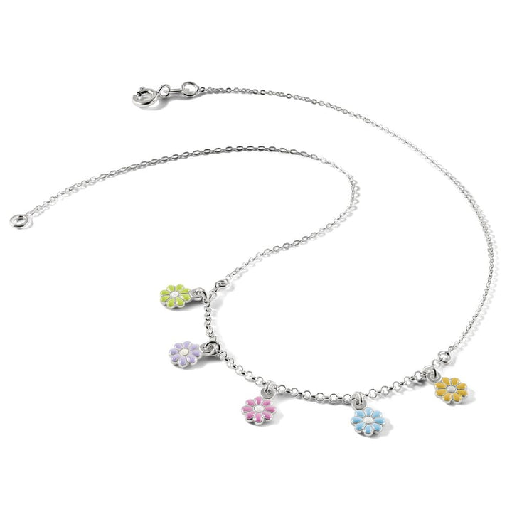 Sterling Silver Multi-color Enameled Dangle Flower 14 Inch Necklace