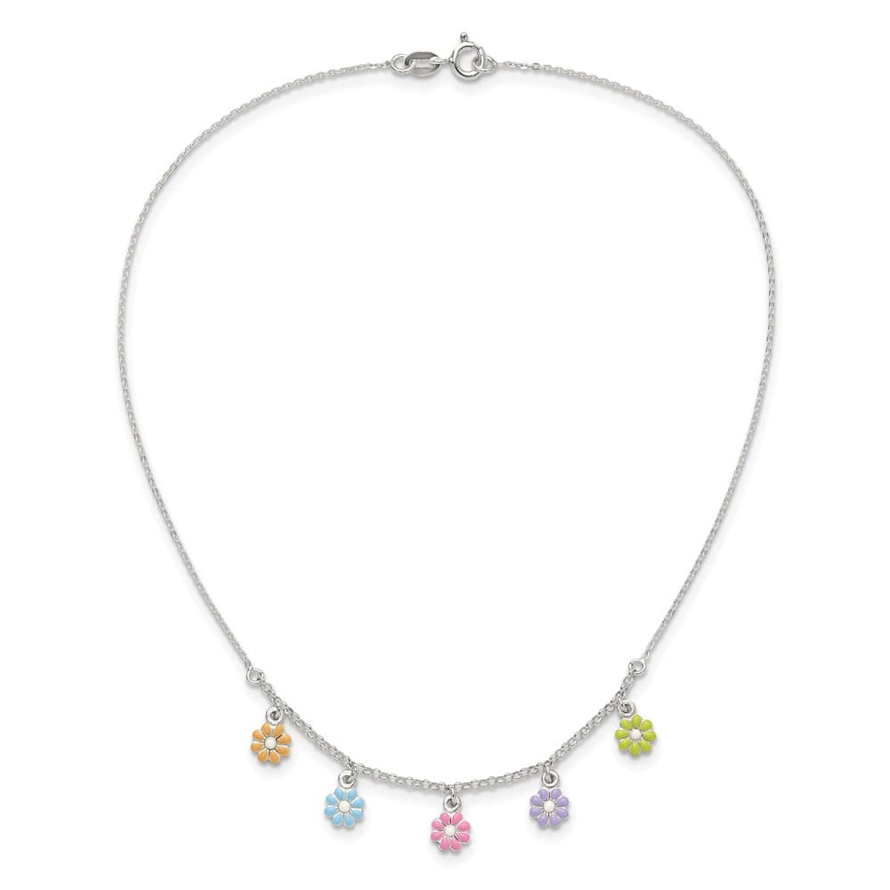 Sterling Silver Multi-color Enameled Dangle Flower 14 Inch Necklace