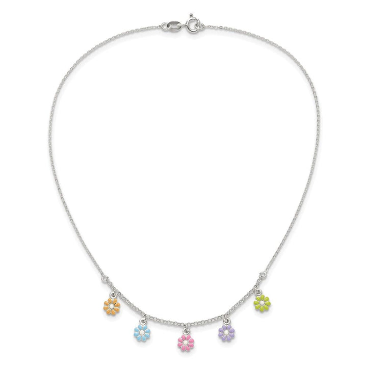 Sterling Silver Multi-color Enameled Dangle Flower 14 Inch Necklace