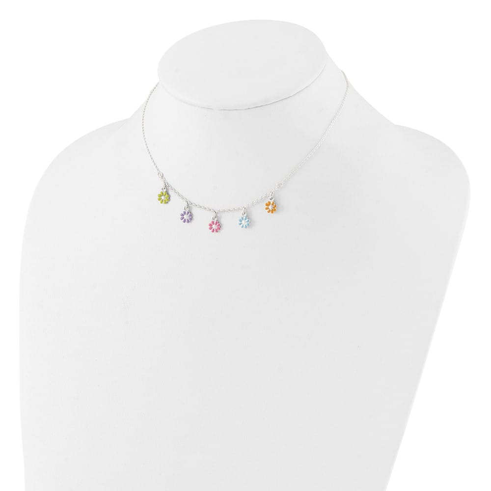 Sterling Silver Multi-color Enameled Dangle Flower 14 Inch Necklace