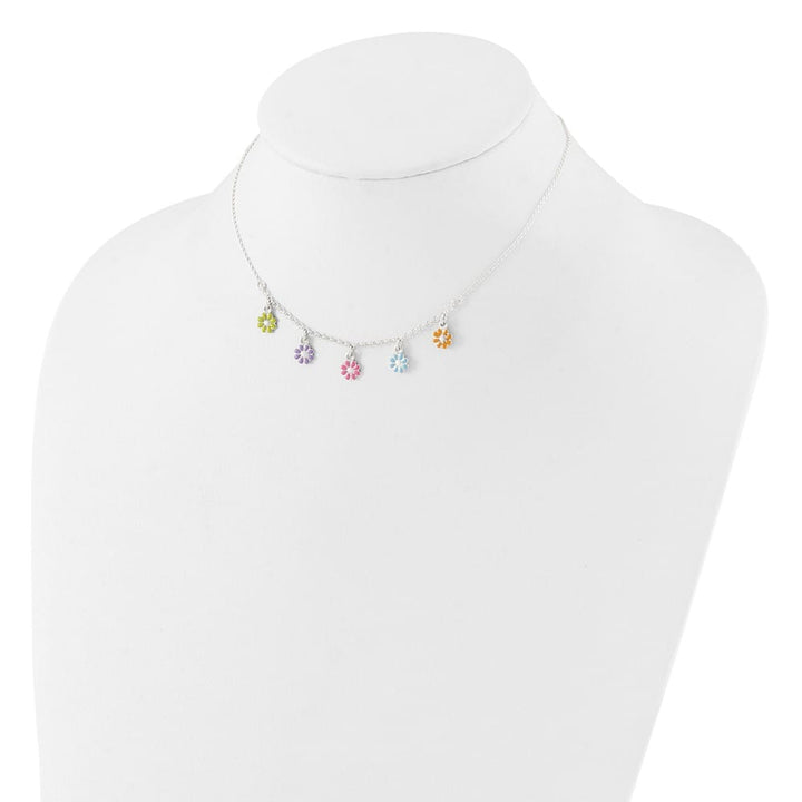 Sterling Silver Multi-color Enameled Dangle Flower 14 Inch Necklace