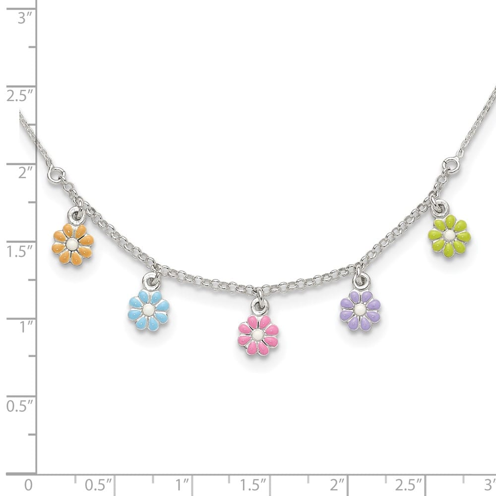 Sterling Silver Multi-color Enameled Dangle Flower 14 Inch Necklace