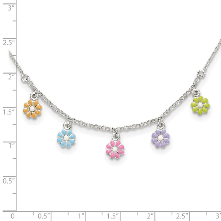 Sterling Silver Multi-color Enameled Dangle Flower 14 Inch Necklace