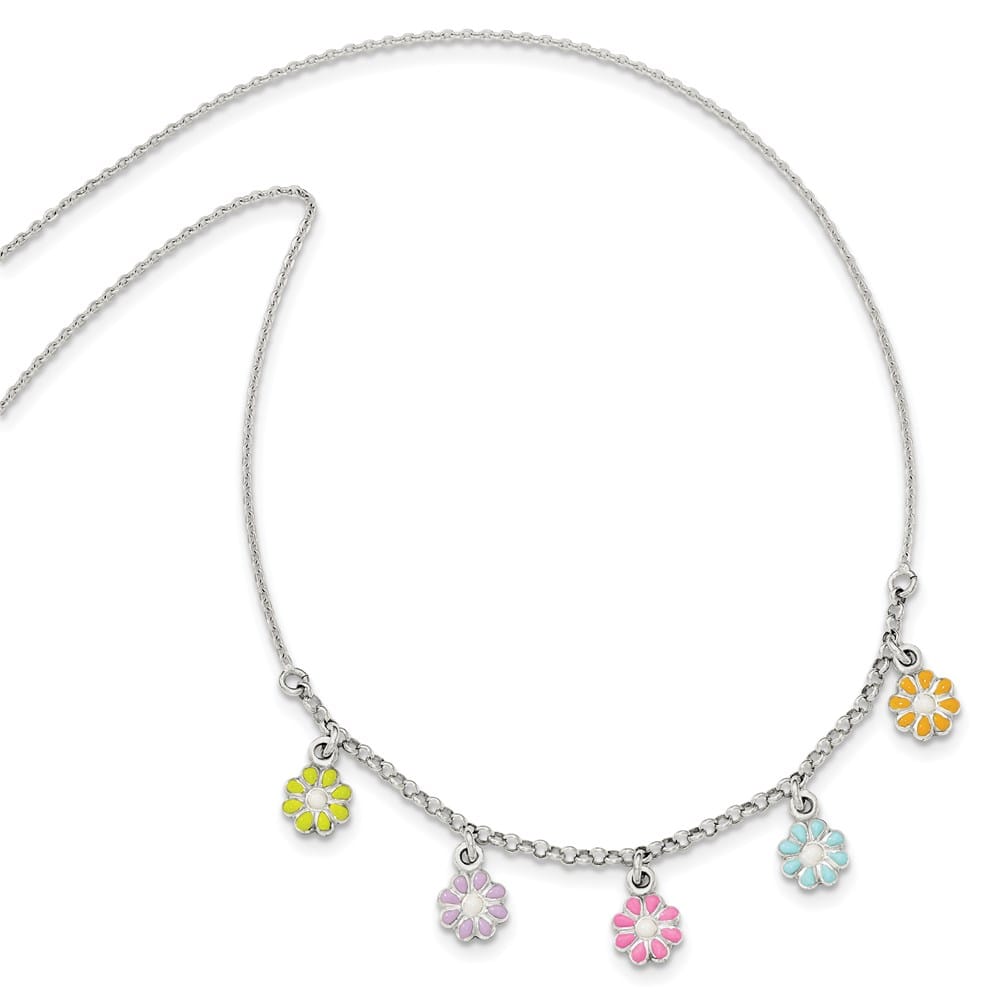 Sterling Silver Multi-color Enameled Dangle Flower 14 Inch Necklace