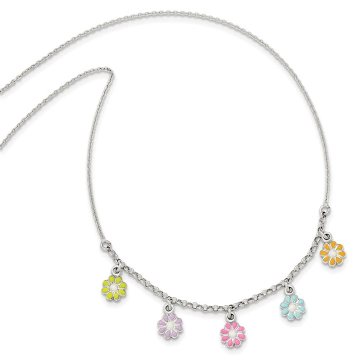 Sterling Silver Multi-color Enameled Dangle Flower 14 Inch Necklace