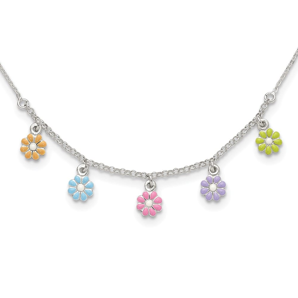 Sterling Silver Multi-color Enameled Dangle Flower 14 Inch Necklace