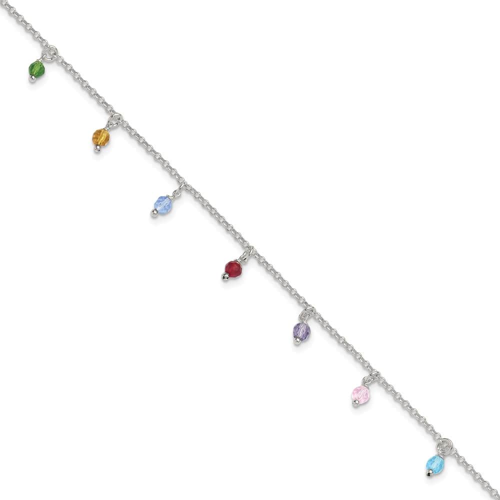 Sterling Silver Multi-colored Beads Anklet — .925 sterling silver, 10 inches long, 1 inch extension, 2 mm wide, lobster clasp, 2.93 g