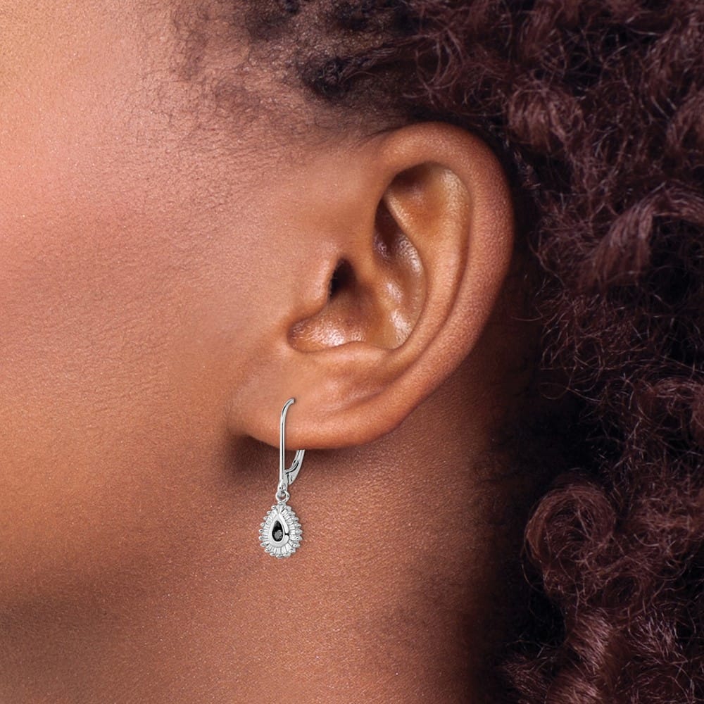 Sterling Silver Night Black White Diamond Dangle Leverback Earrings, view 3 of 5