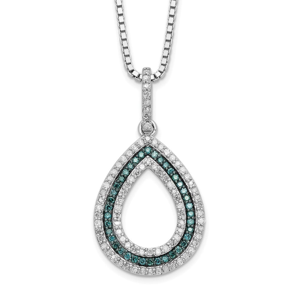 Sterling Silver Night Blue and White Diamond Teardrop 18 inch Necklace