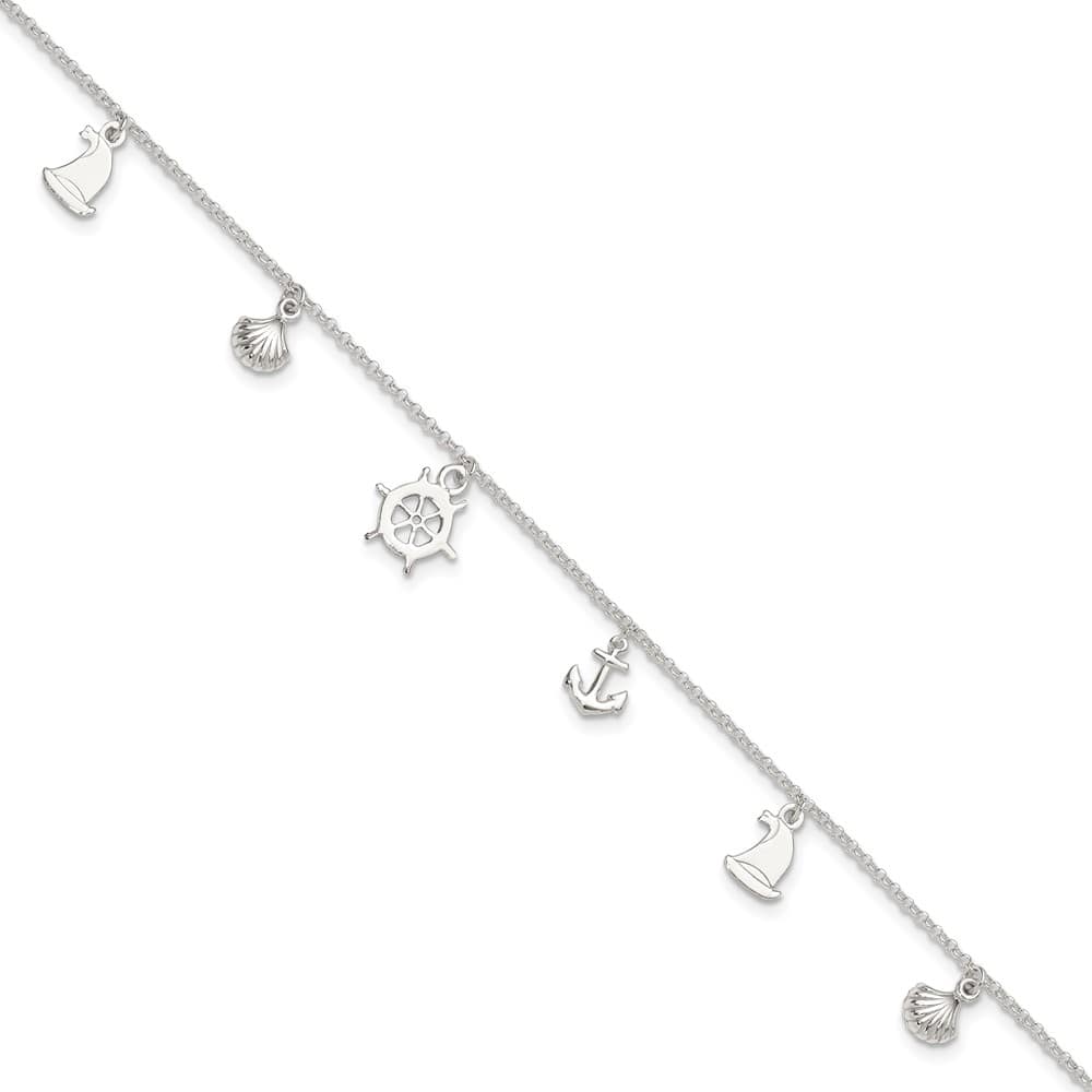 Sterling Silver Ocean Theme Charms Anklet — .925 sterling silver, 10 inches long, 1 inch extension, 2 mm wide, lobster clasp, 3.19 g