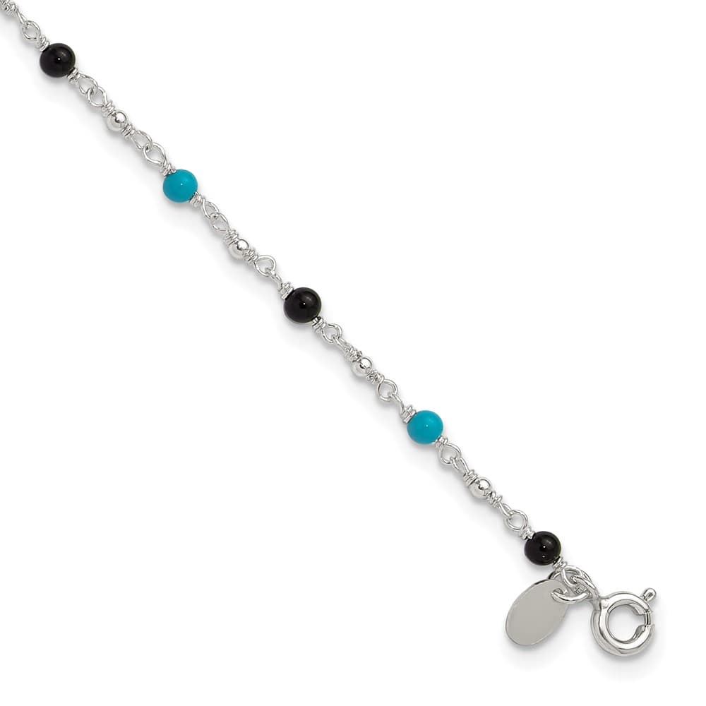 Sterling Silver Onyx/Turquoise Beads Anklet — .925 sterling silver, 10 inches long, 3 mm wide, spring ring clasp, 2.79 g
