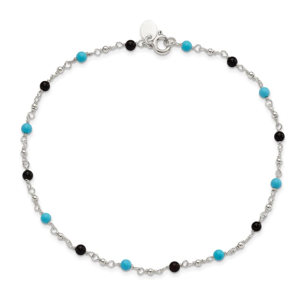 Sterling Silver Onyx/Turquoise Beads Anklet
