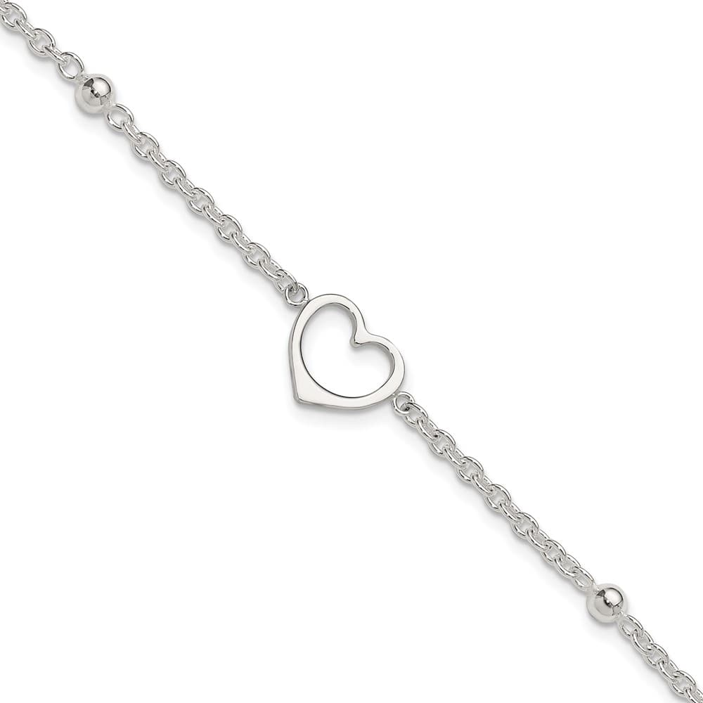 Sterling Silver Open Heart and Bead Anklet — .925 sterling silver, 10 inches long, 1 inch extension, 1 mm wide, lobster clasp, 4.91 g