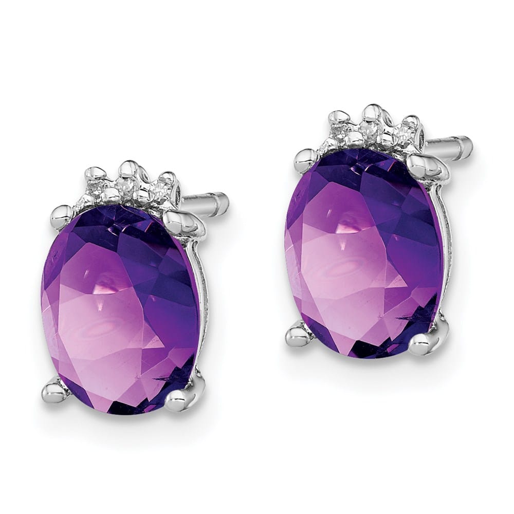 Sterling Silver Oval Amethyst and Diamond Post Earrings, view 2 of 4