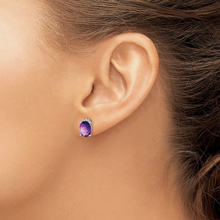 Sterling Silver Oval Amethyst and Diamond Post Earrings, view 3 of 4