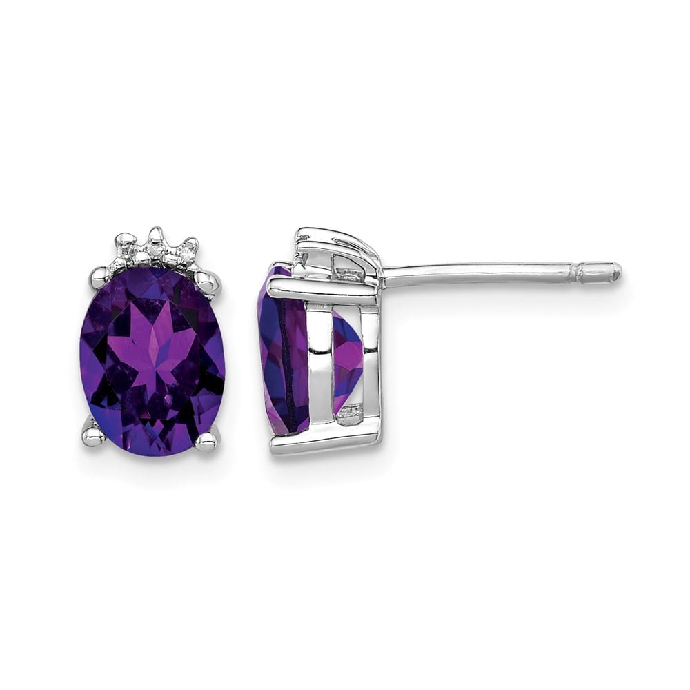 Sterling Silver Oval Amethyst and Diamond Post Earrings, view 1 of 4