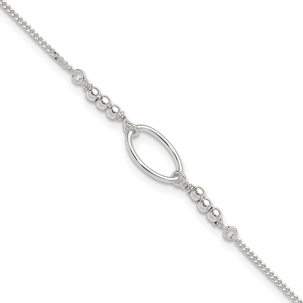 Sterling Silver Oval Link and Beads Anklet — .925 sterling silver, 10 inches long, 1 inch extension, 1.4 mm wide, spring ring clasp, 2.18 g
