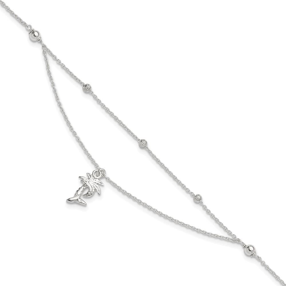 Sterling Silver Palm Tree 2-Strand Anklet — .925 sterling silver, 10 inches long, 1 inch extension, 1 mm wide, spring ring clasp, 2.77 g