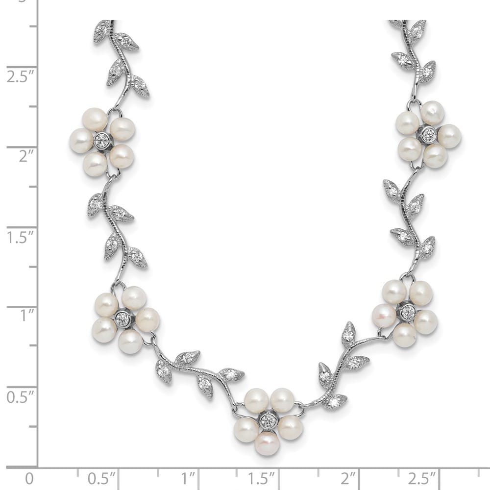 Sterling Silver Pattern and Cultured Pearl Floral 16 inch Necklace
