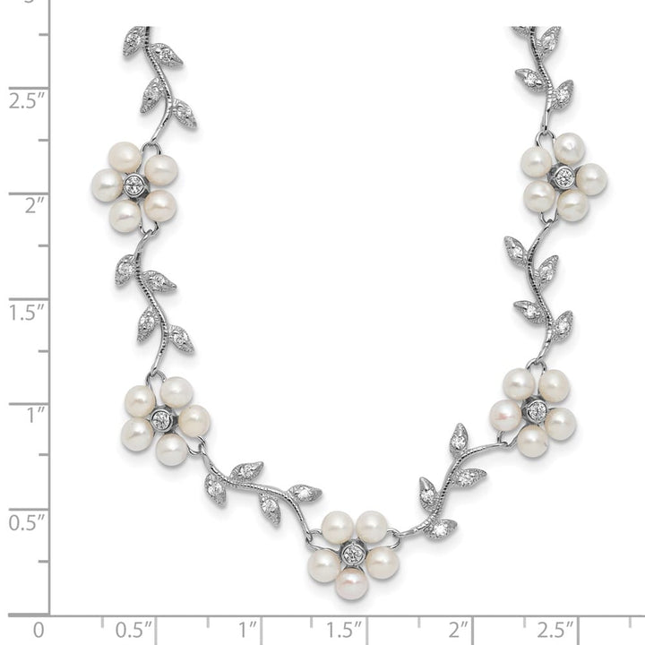 Sterling Silver Pattern and Cultured Pearl Floral 16 inch Necklace