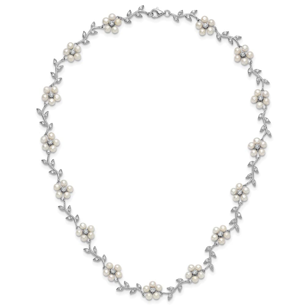 Sterling Silver Pattern and Cultured Pearl Floral 16 inch Necklace