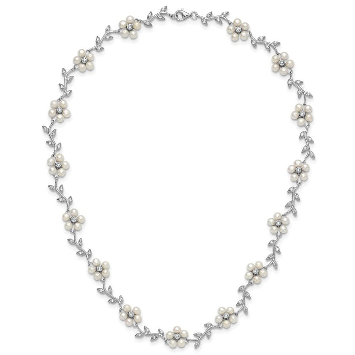 Sterling Silver Pattern and Cultured Pearl Floral 16 inch Necklace