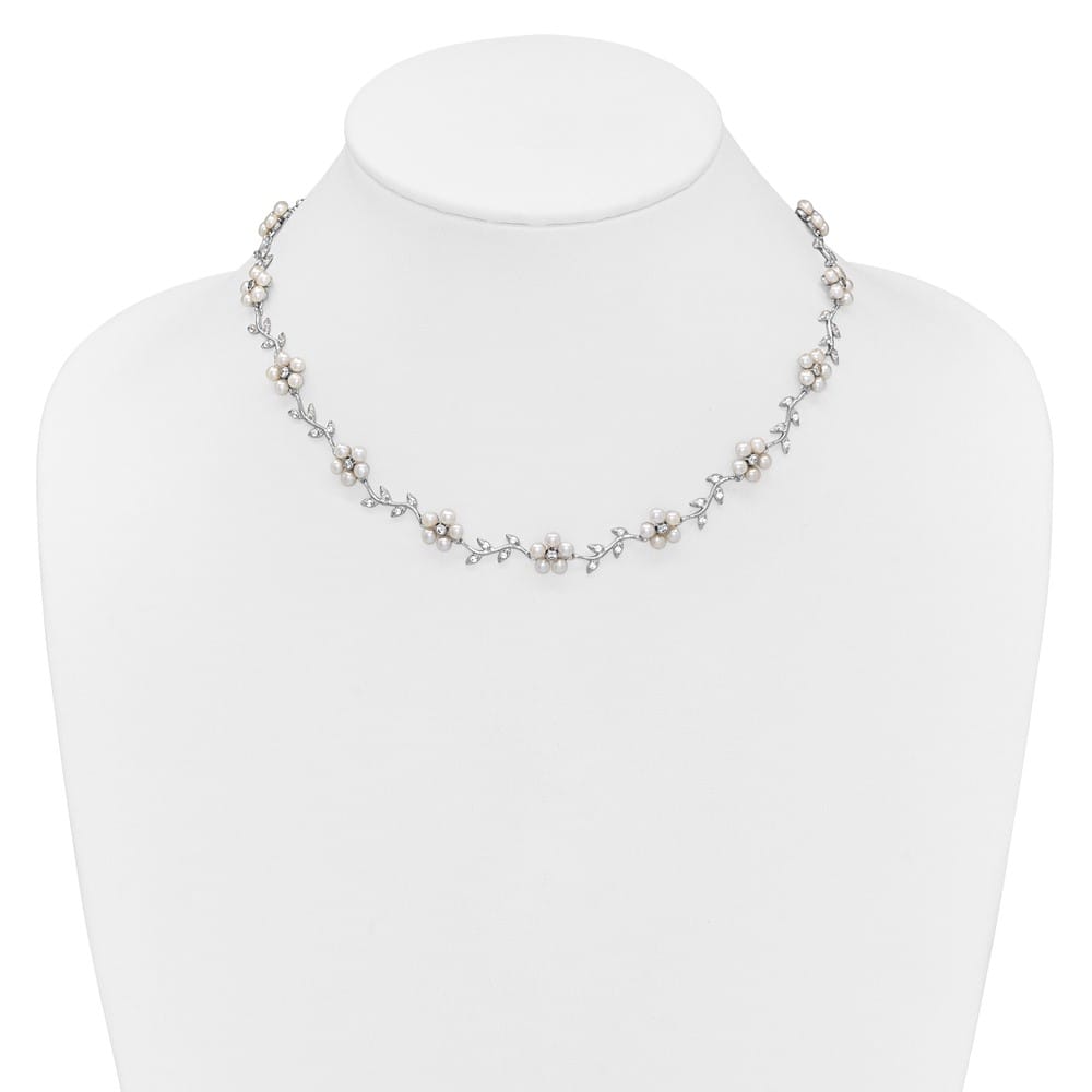 Sterling Silver Pattern and Cultured Pearl Floral 16 inch Necklace